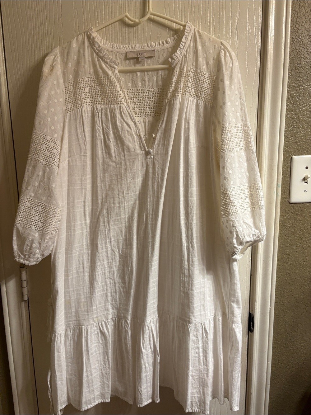LOFT White Eyelet Midi Dress with Crochet Panels